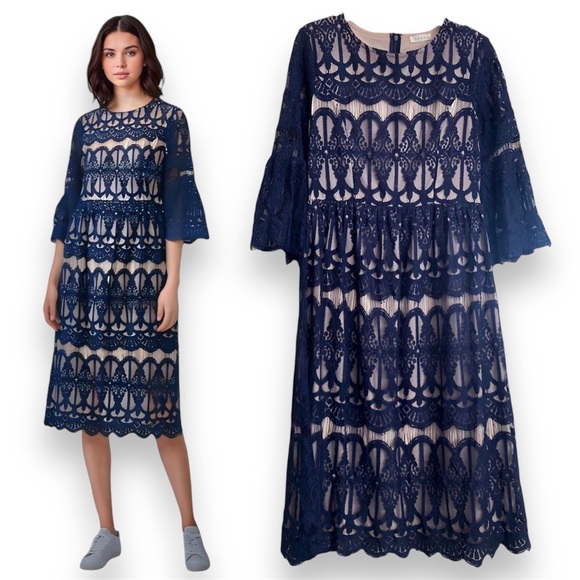 Bohme Lace Overlay Bell Sleeve Navy/Cream Midi Dress | Medium - Picture 1 of 5